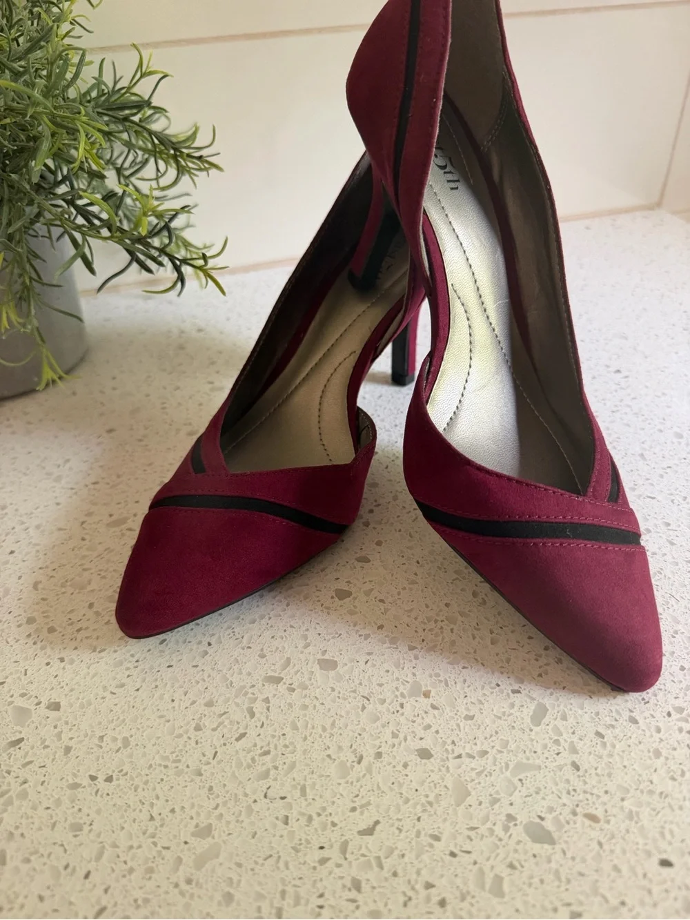 East 5th Plum Suede Pointed-Toe Pumps with Black Trim